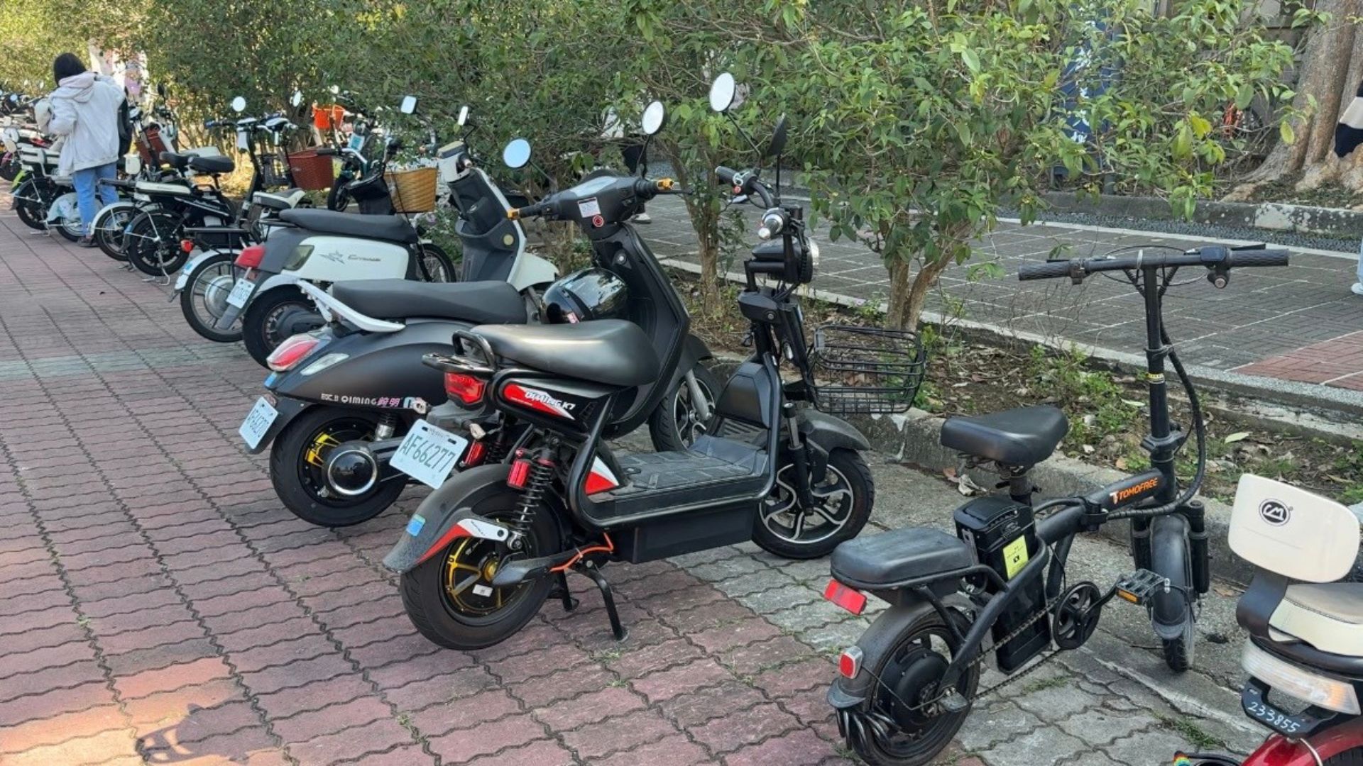 校園人行道旁整齊停放著多輛電動自行車與機車。