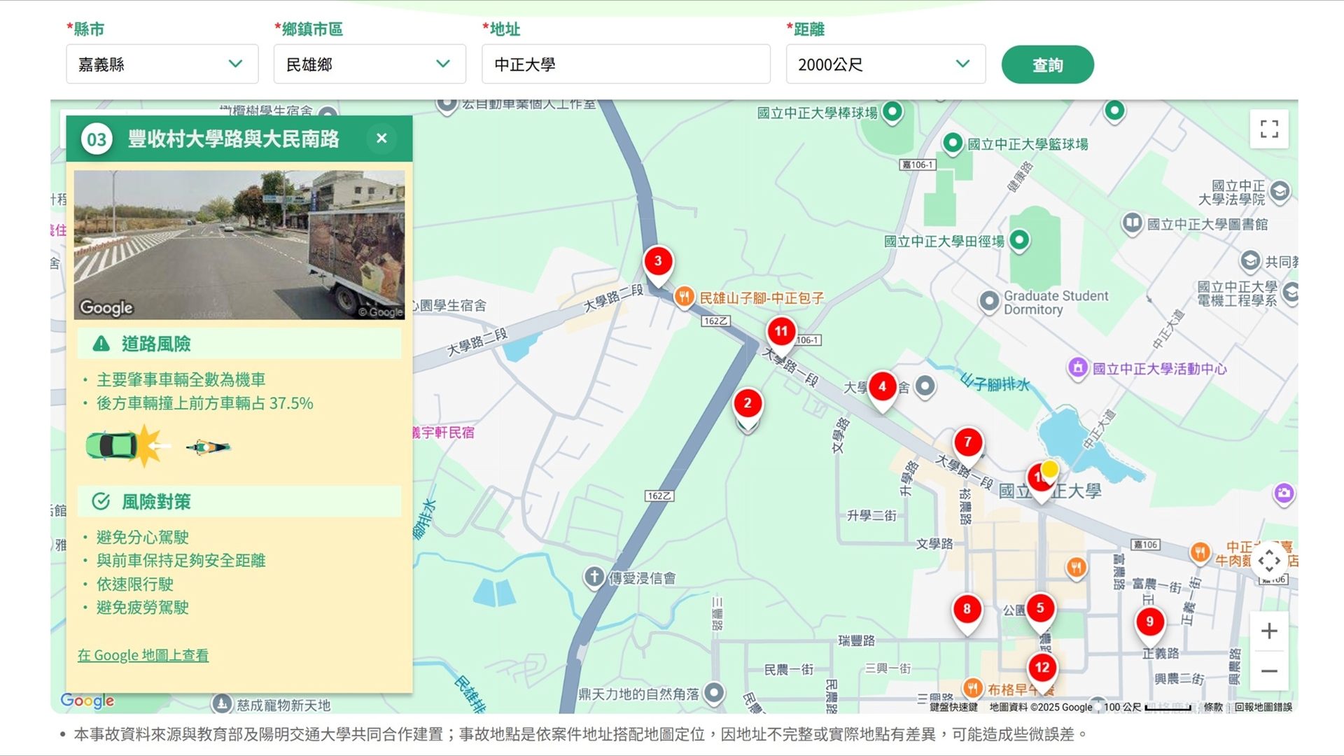 大學路與大民南路之風險地圖有10處標示
