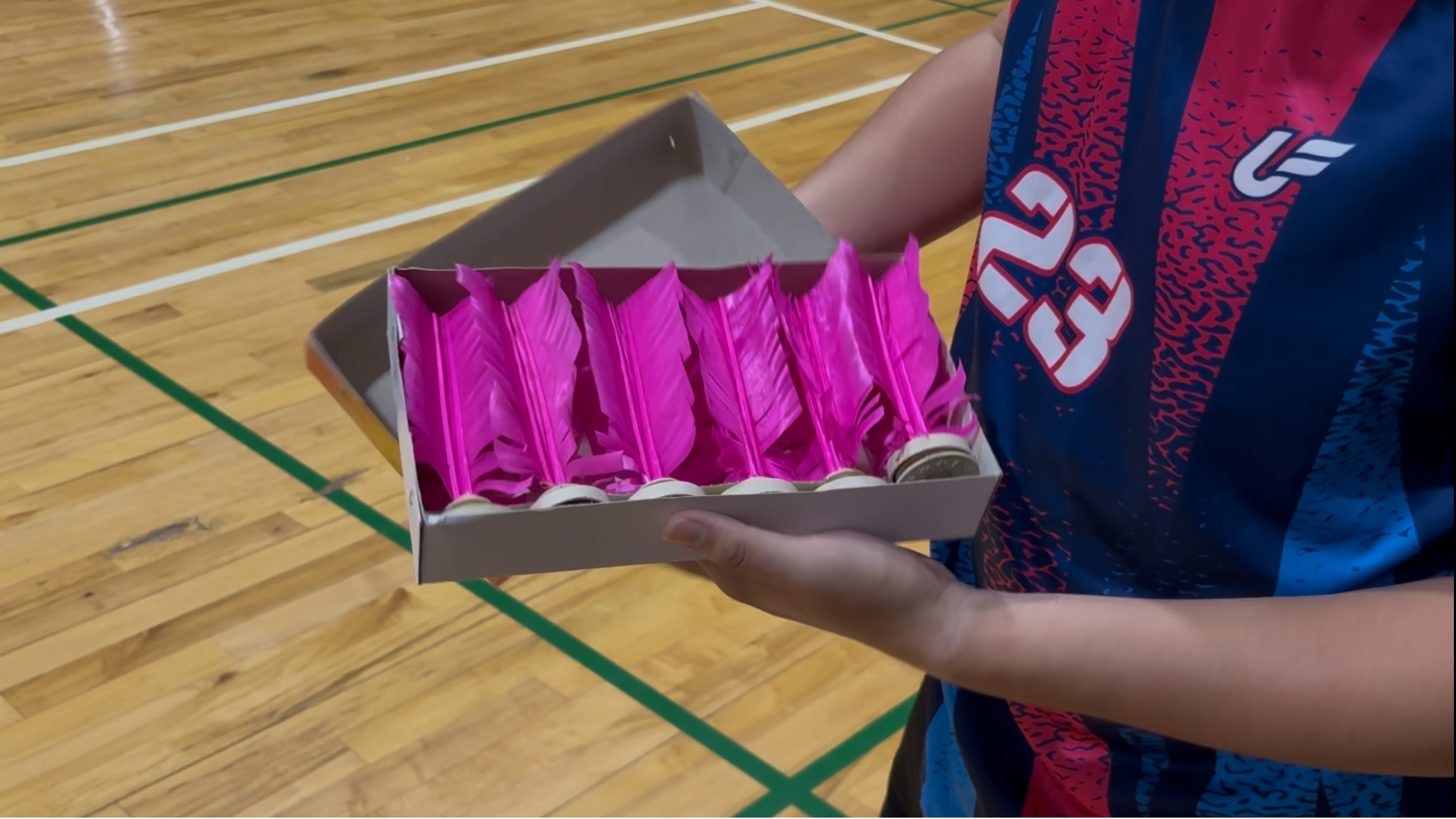 一雙手上拿著一盒全新的毽球