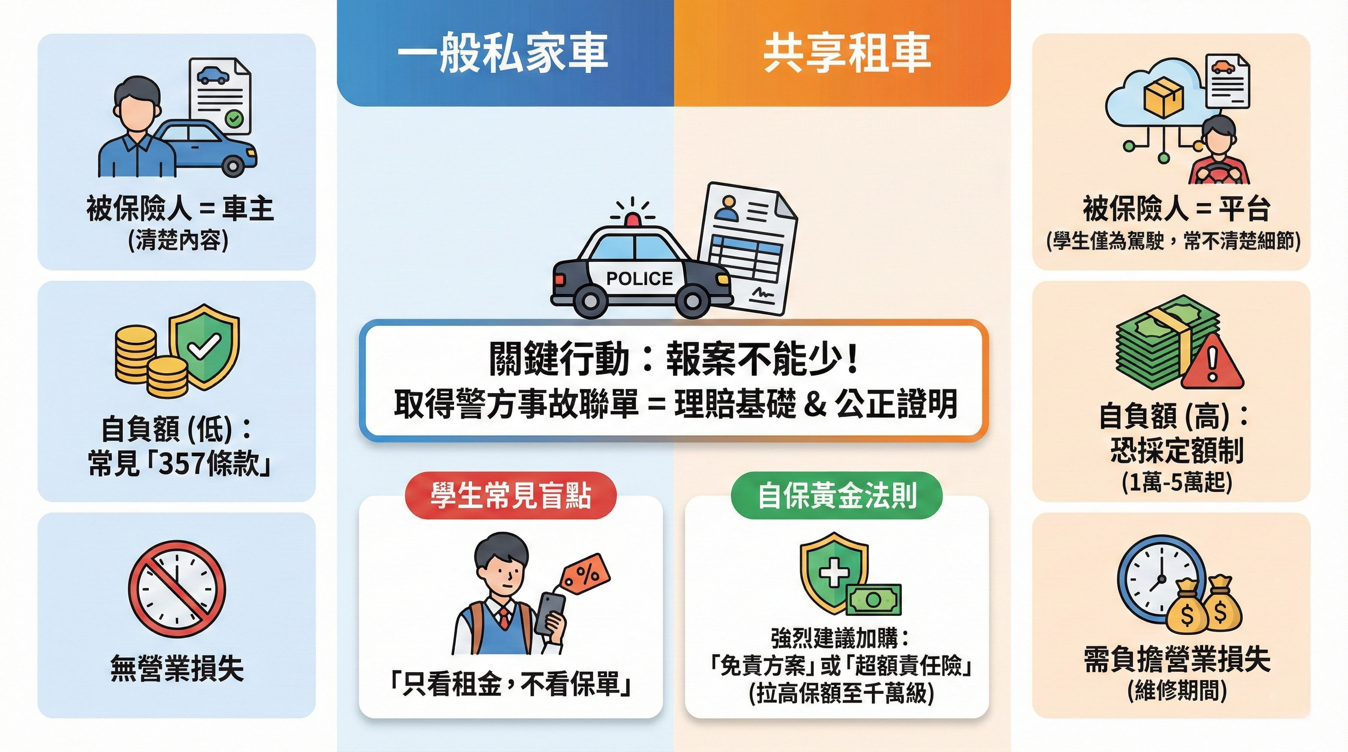 「一般私家車」與「共享租車」在保險責任與風險上的差異比較圖：私家車以車主為被保險人、自負額低、無營業損失；共享租車則由平台投保、自負額較高，事故需報警並可能負擔營業損失，建議租用前留意保險與免責方案