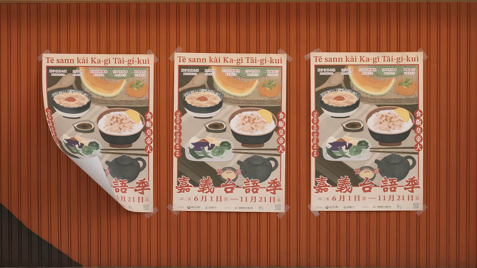 嘉義台語季主視覺，紅色鐵皮牆上貼著三張嘉義台語季的海報