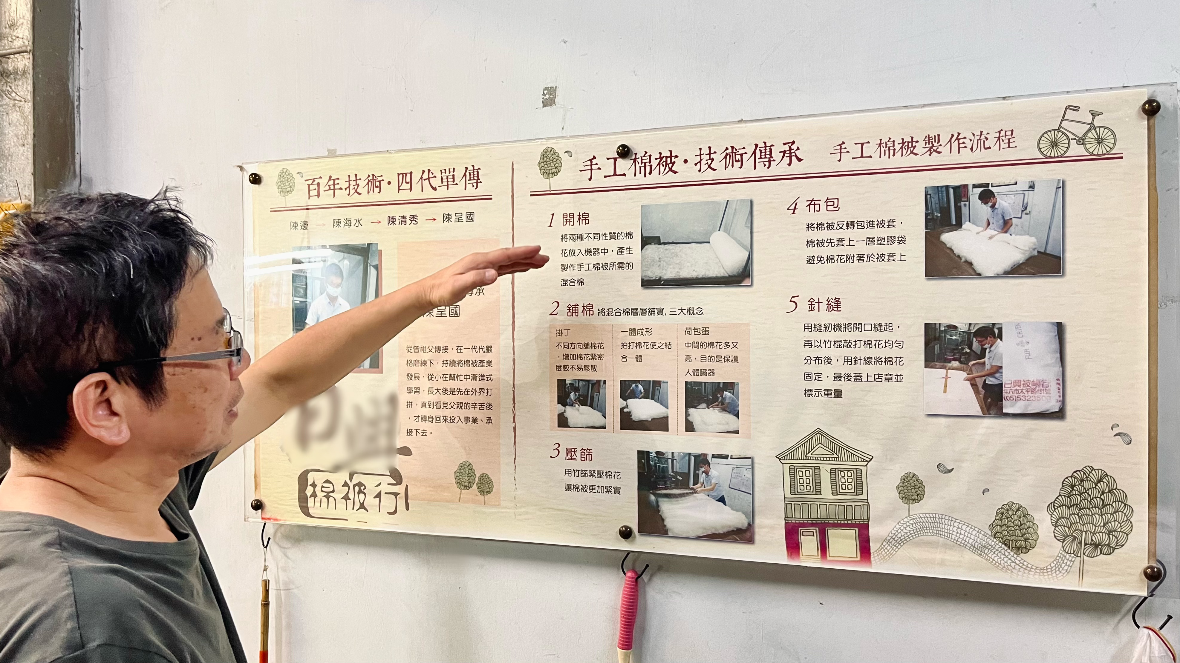 老闆正在介紹牆上的「百年技術・四代單傳」手工棉被製作流程與家族傳承看板。