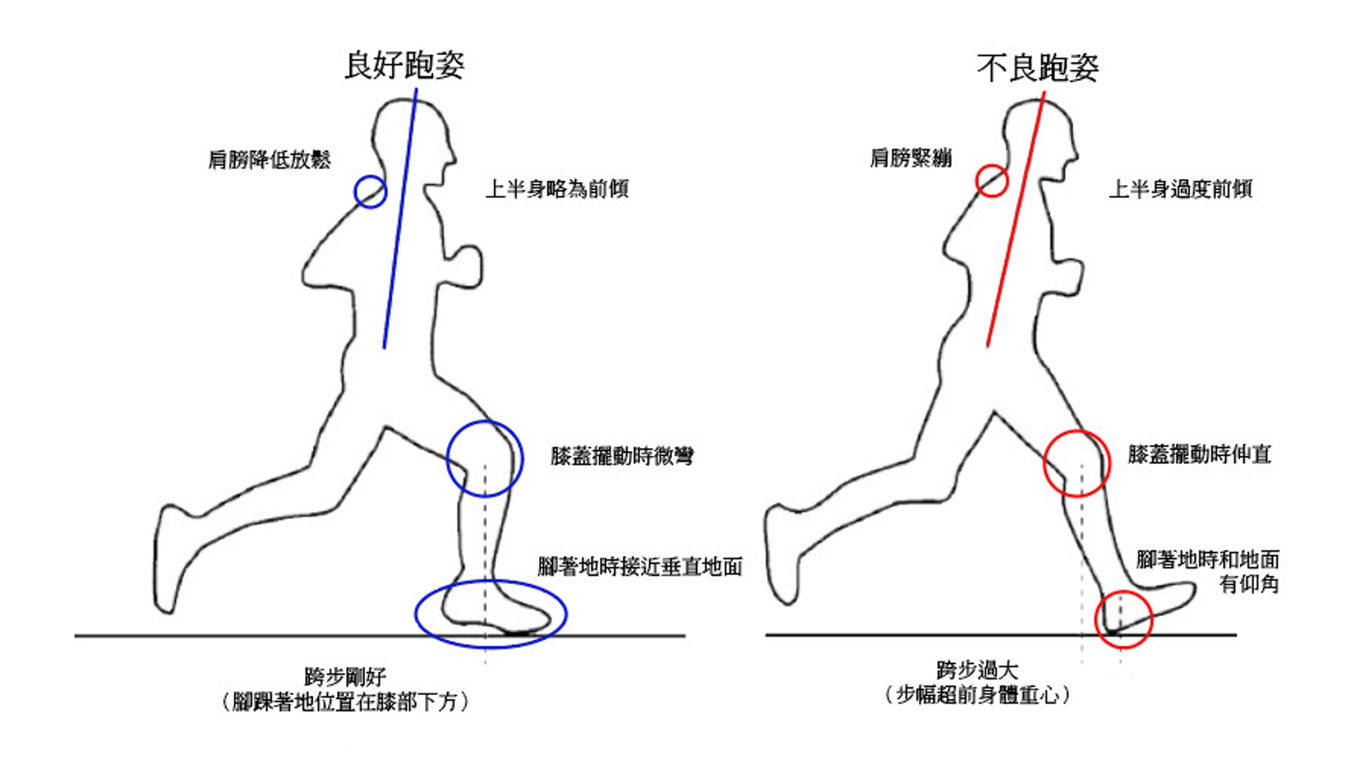 良好跑姿與不良跑姿的人體對比圖