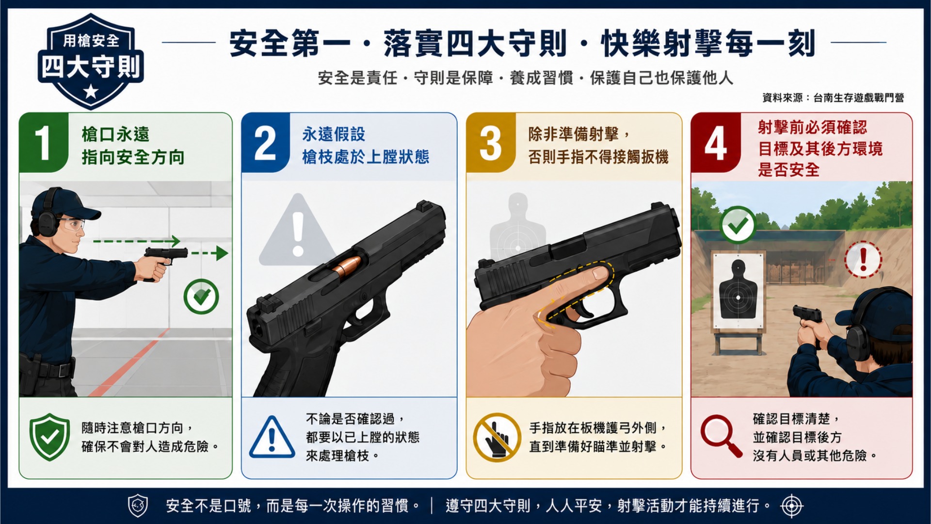 一張圖表,主題是「用槍安全 四大守則」。