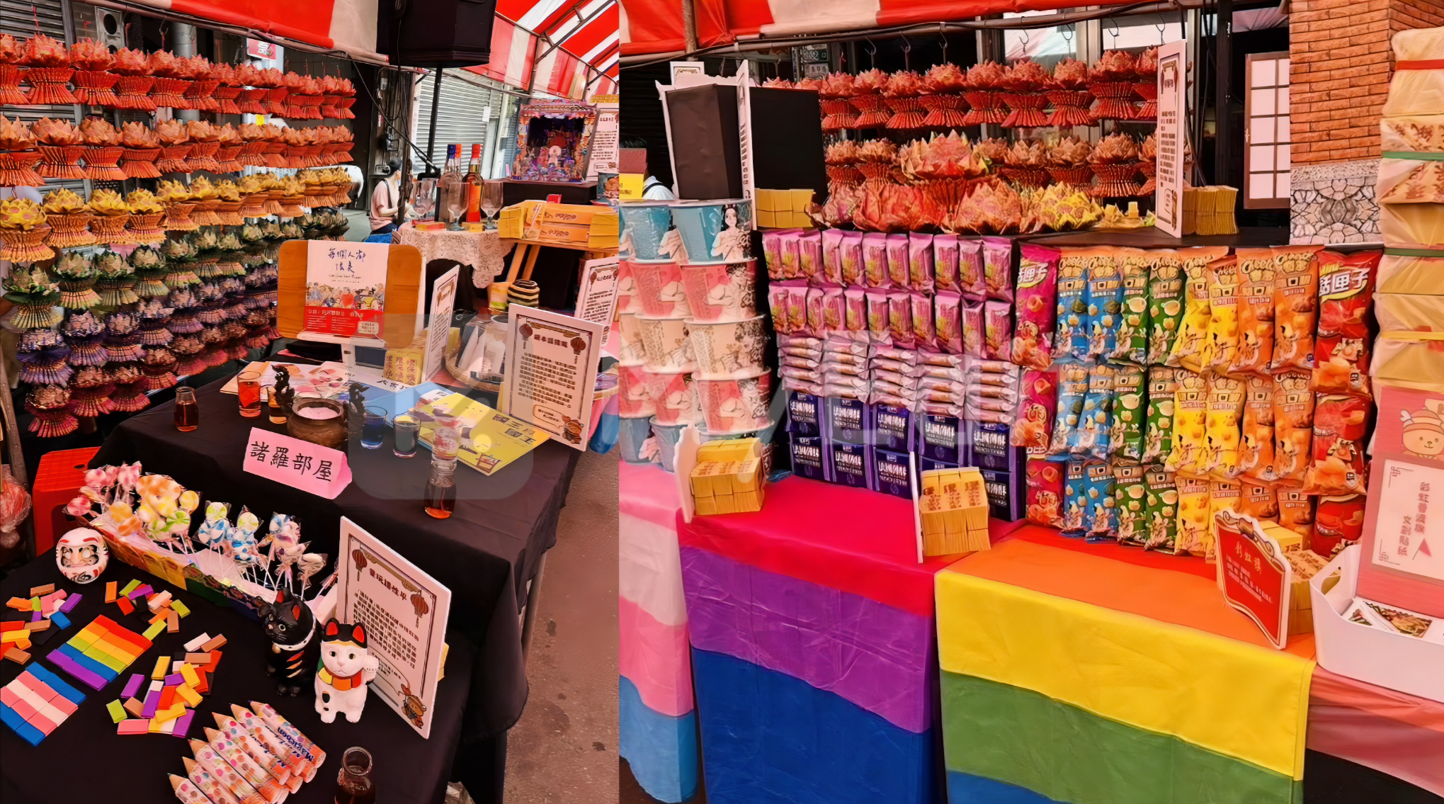 鋪著彩虹旗的桌上以彩虹顏色擺放供品，牆上掛著彩虹顏色排列的紙蓮花