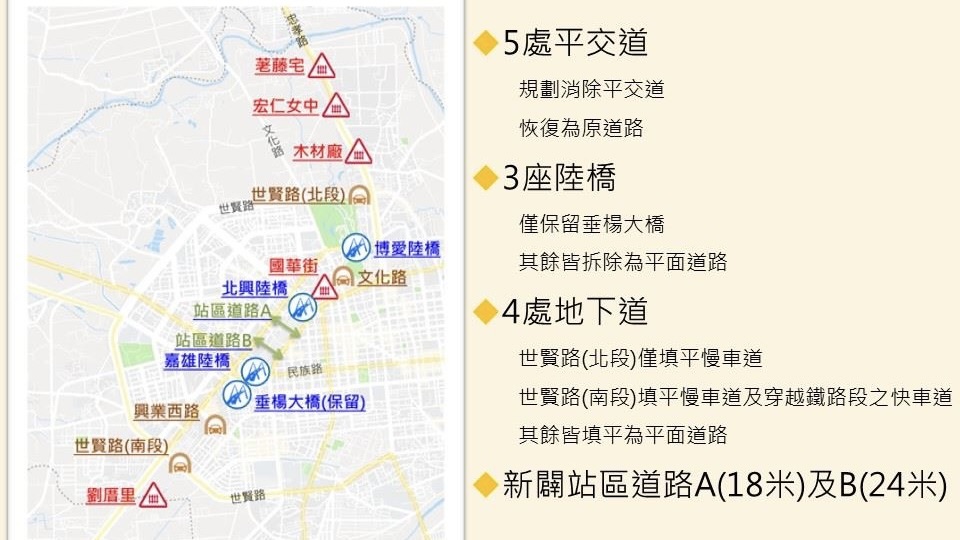 翻攝自嘉義市政府交通處網站的圖片，可見鐵路高架化工程預計將拆除5處平交道、3座陸橋與填平4處地下道，另外還將新闢2處站區道路