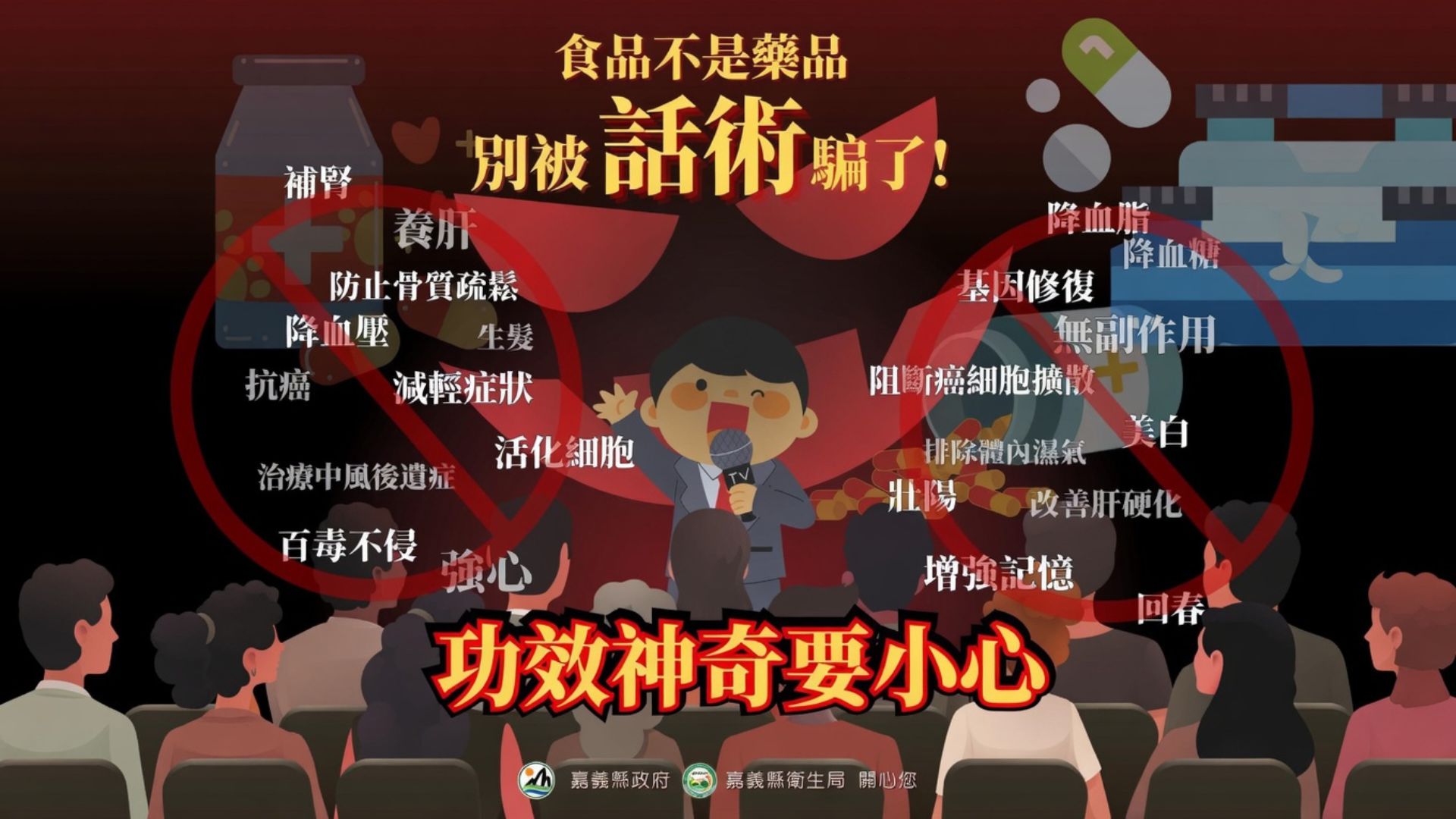 一張由嘉義縣政府與衛生局製作的宣導海報，提醒民眾「食品不是藥品」，切勿聽信誇大不實的神奇功效推銷話術。