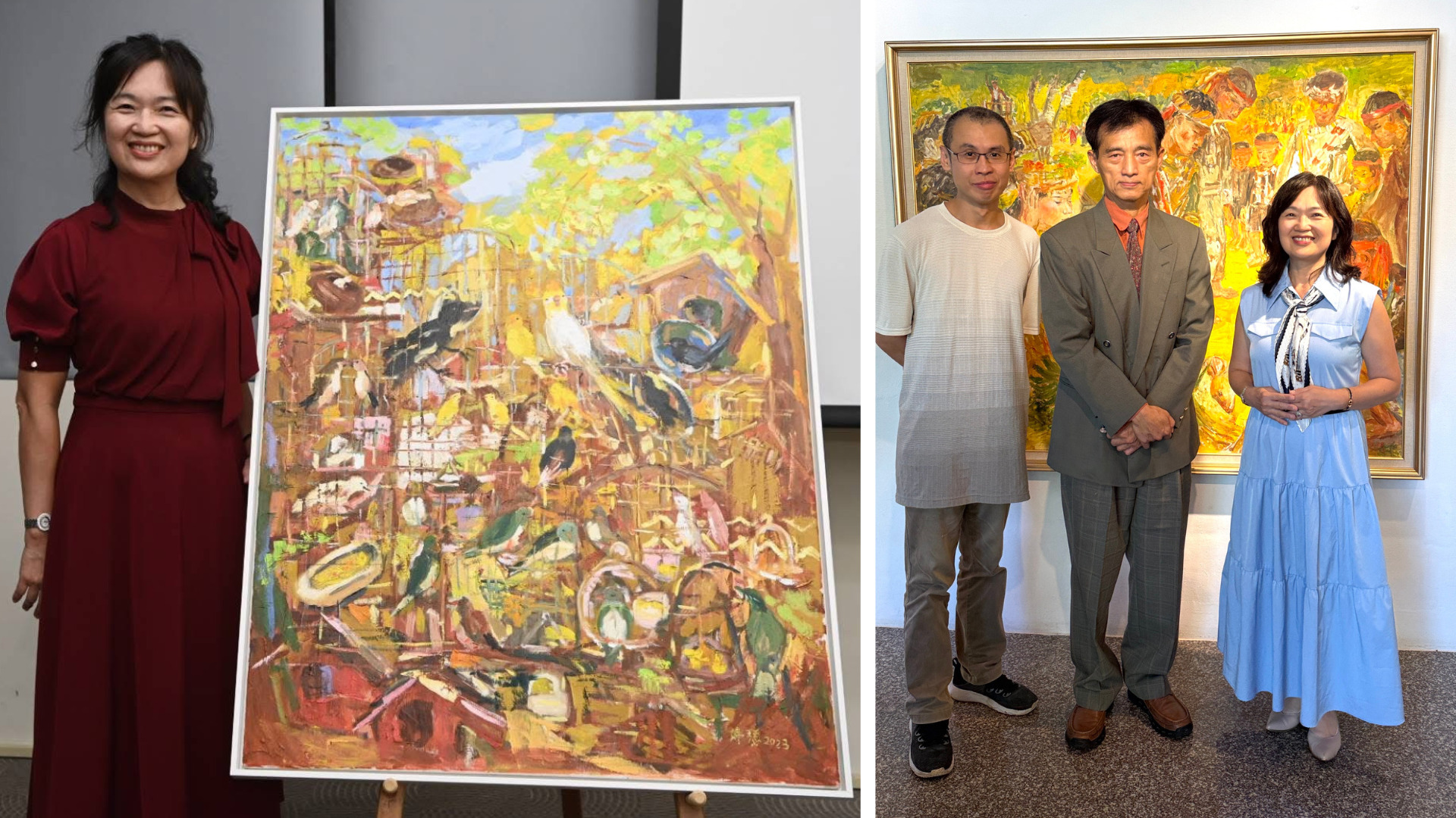 左圖為婷瑟老師與畫作〈鳥店III〉的合影；右圖為玉明老師與學生李炘明、劉婷瑟之合影