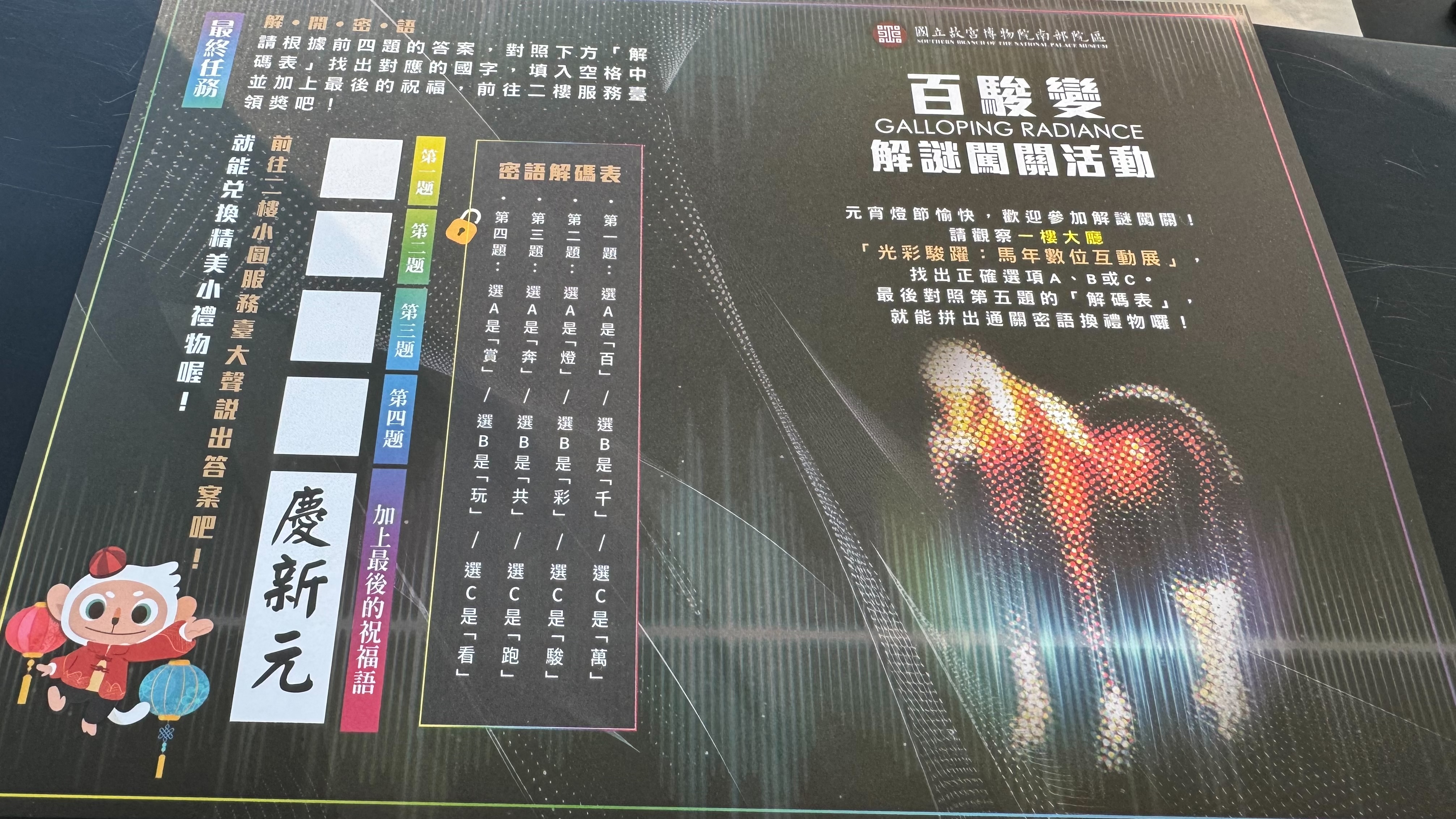 國立故宮博物院南部院區「百駿變」解謎闖關活動的任務手冊。紙面上印有詳細的密語解碼規則，左下角有一隻提著燈籠的 Q 版猴子角色，右側則有由發光點組成的馬匹圖案，引導遊客透過觀察展覽來拼湊密語兌換禮物。