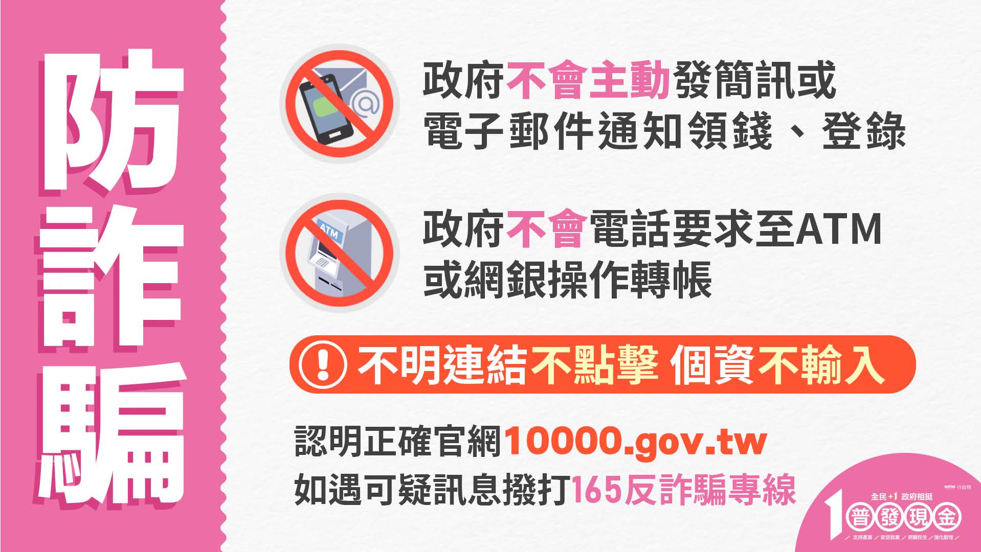 行政院網站的防詐騙宣導：政府不會主動發簡訊或電子郵件通知領錢、登錄，不會電話要求至ATM或網銀操作轉帳，不明連結不點擊、個資不輸入，認明正確官網10000.gov.tw，如遇可疑訊息撥打165反詐騙專線
