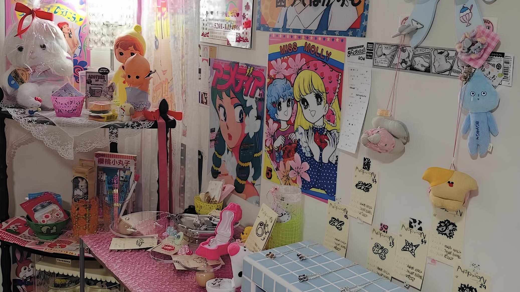 牆上貼著幾張漫畫風格海報，層架上展示著各種飾品與復古風格的玩偶、吊飾