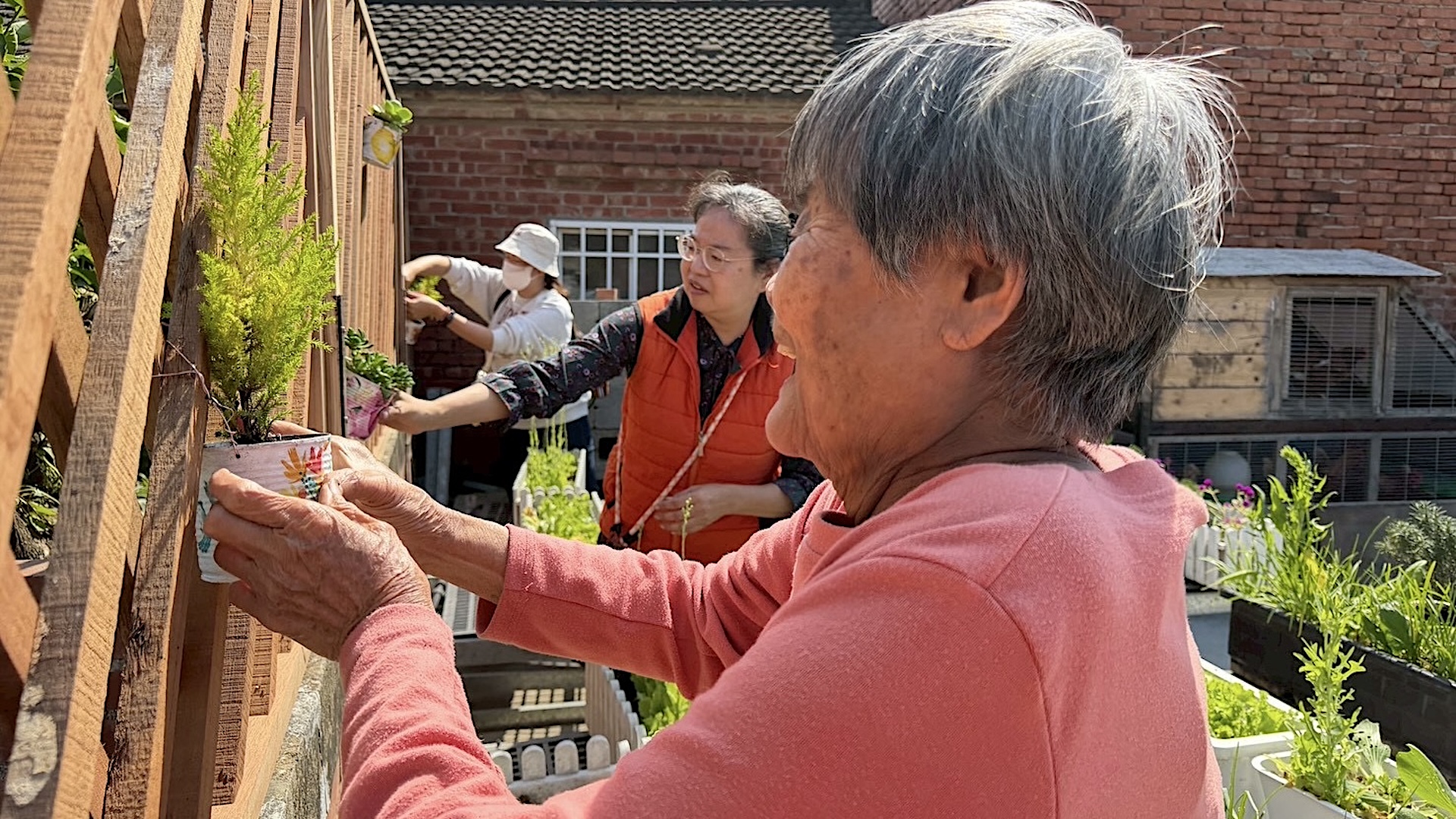 銀髮長輩在志工陪伴下，於戶外木格柵前修整盆栽，透過植物互動促進身心健康。