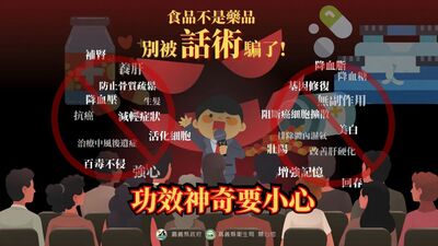 一張由嘉義縣政府與衛生局製作的宣導海報，提醒民眾「食品不是藥品」，切勿聽信誇大不實的神奇功效推銷話術。