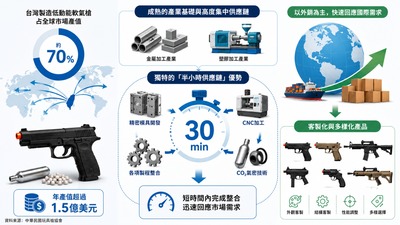 一張資訊圖表，主要在介紹台灣製造低動能軟氣槍產業的全球優勢與特色。