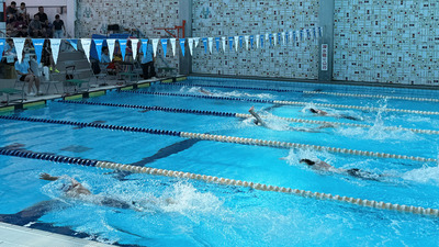 選手們正在泳池中進行比賽，一旁的觀眾席有許多觀眾在觀賽